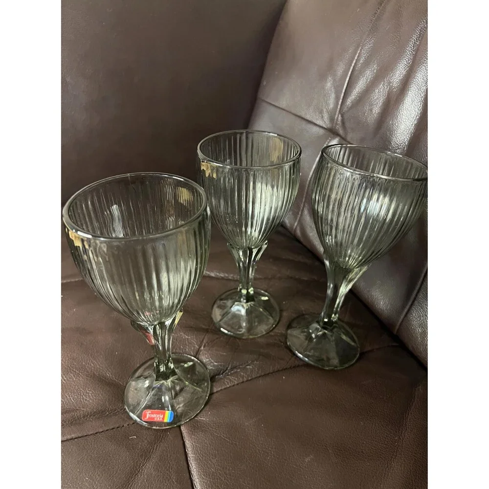 Fostotia MONET GRAY Wine Goblets or Cocktail 3 Ribbed Heavy VTG glasses